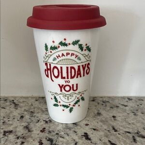 Holiday Cheer Travel Mug with Red Lid. Lenox